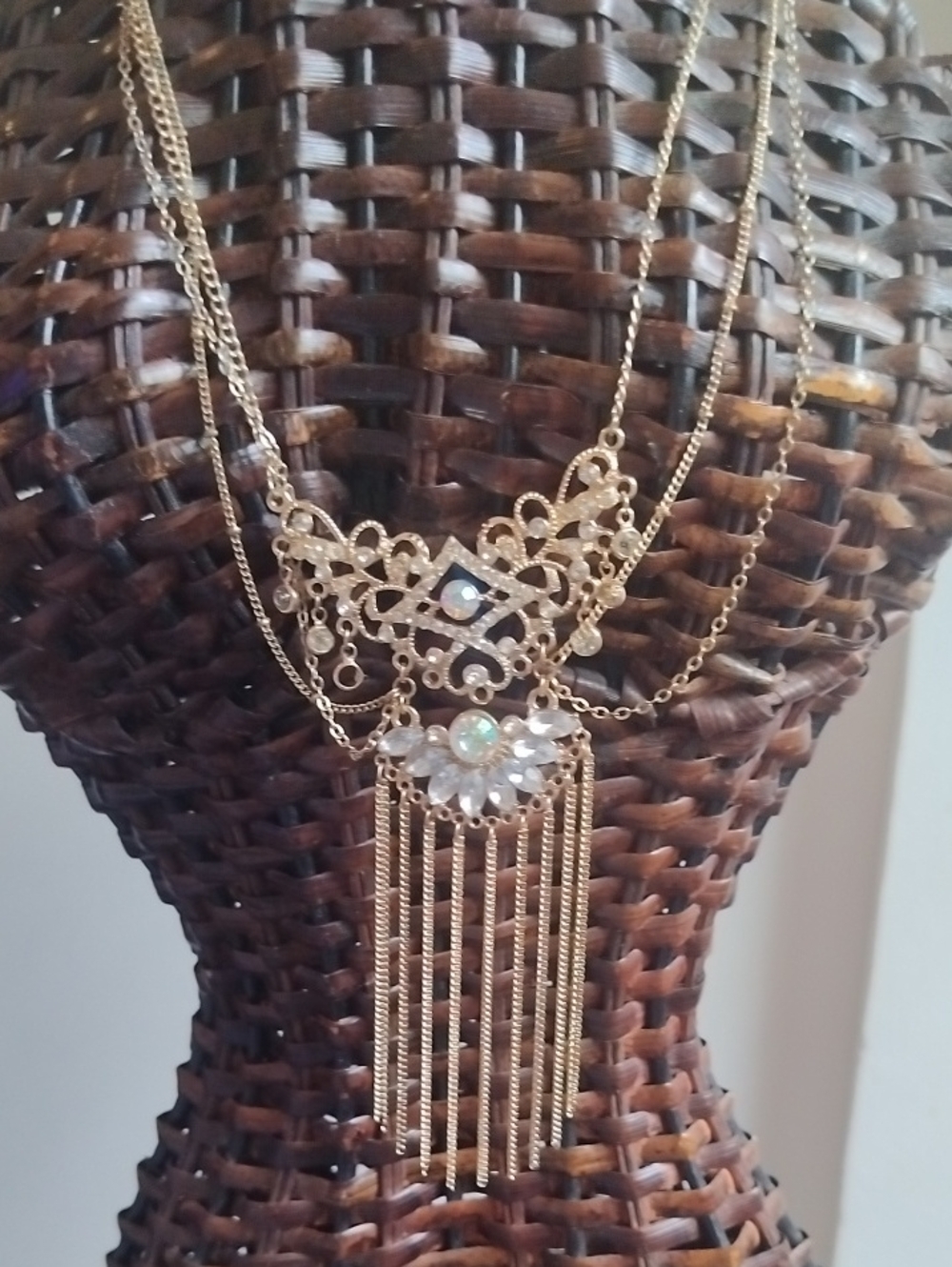 Gold-Tone Multi-Layer Fringe Necklace with Clear Crystal Accents